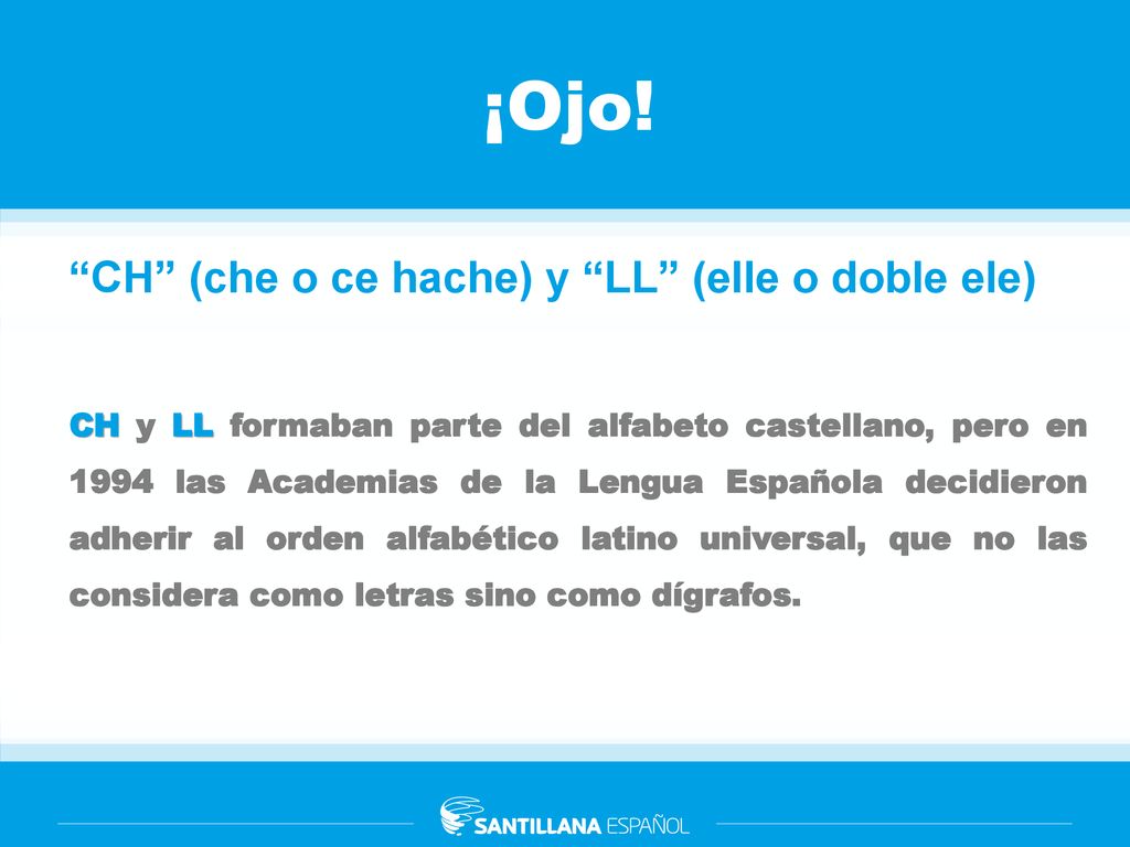 ¡Ojo! CH (che o ce hache) y LL (elle o doble ele)