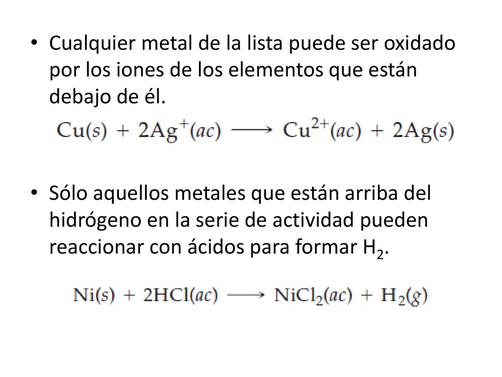 Cualquier metal de la lista puede ser oxidado por los iones de los elementos que están debajo de él.