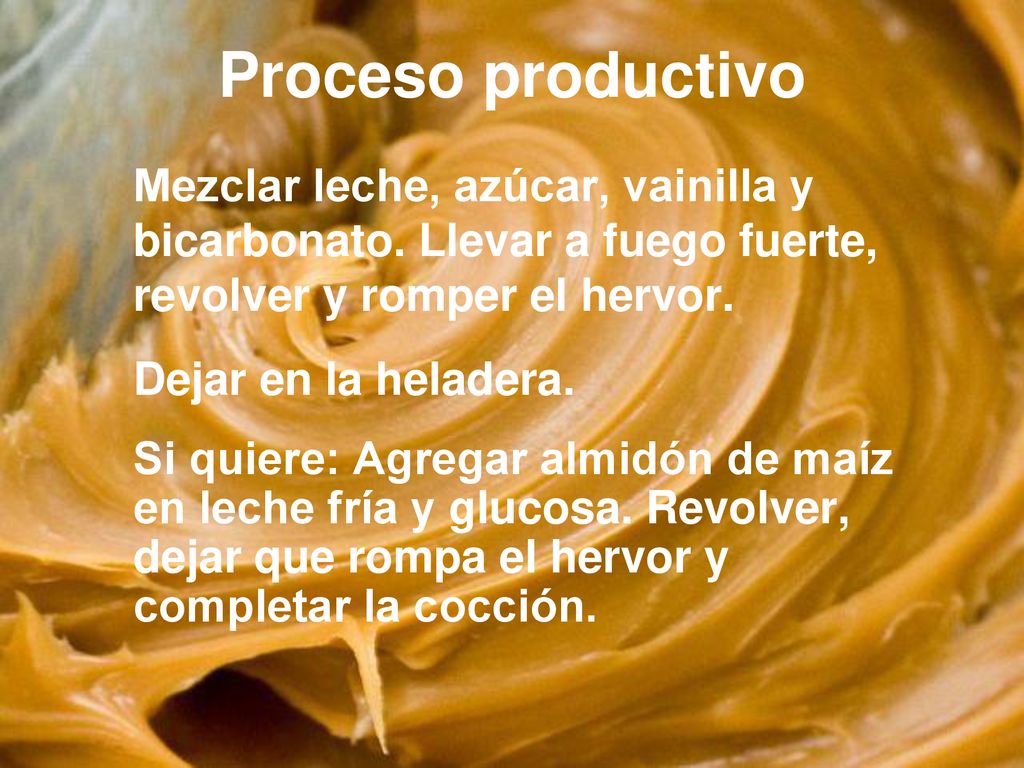 Proceso productivo Mezclar leche, azúcar, vainilla y bicarbonato. Llevar a fuego fuerte, revolver y romper el hervor.