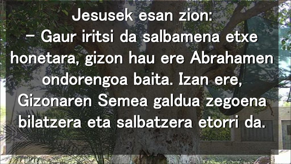 Jesusek esan zion: – Gaur iritsi da salbamena etxe honetara, gizon hau ere Abrahamen ondorengoa baita.