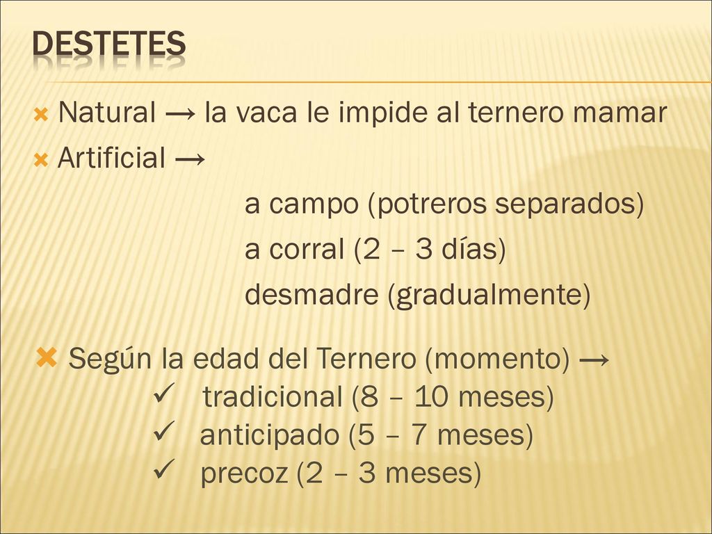 DESTETES Natural → la vaca le impide al ternero mamar Artificial →