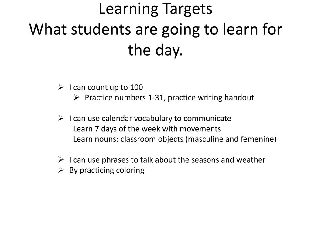 Learning Targets What students are going to learn for the day.