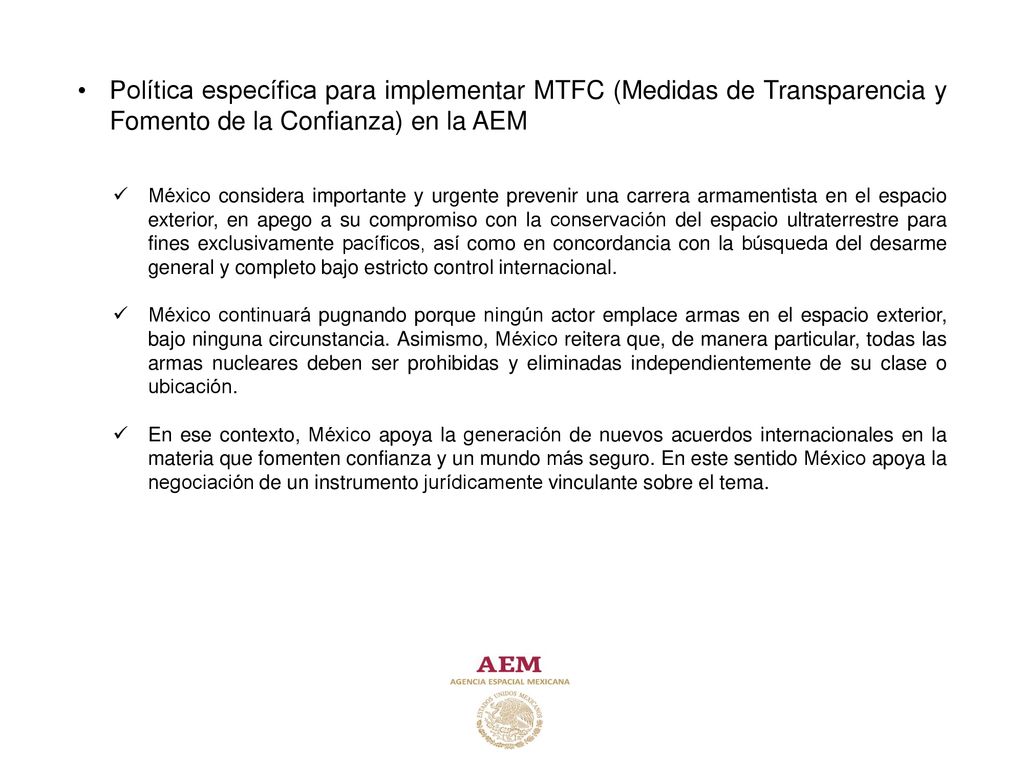 Política específica para implementar MTFC (Medidas de Transparencia y Fomento de la Confianza) en la AEM