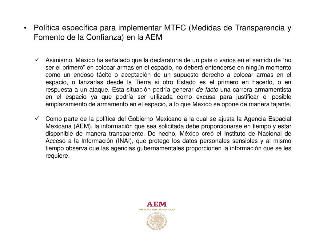 Política específica para implementar MTFC (Medidas de Transparencia y Fomento de la Confianza) en la AEM