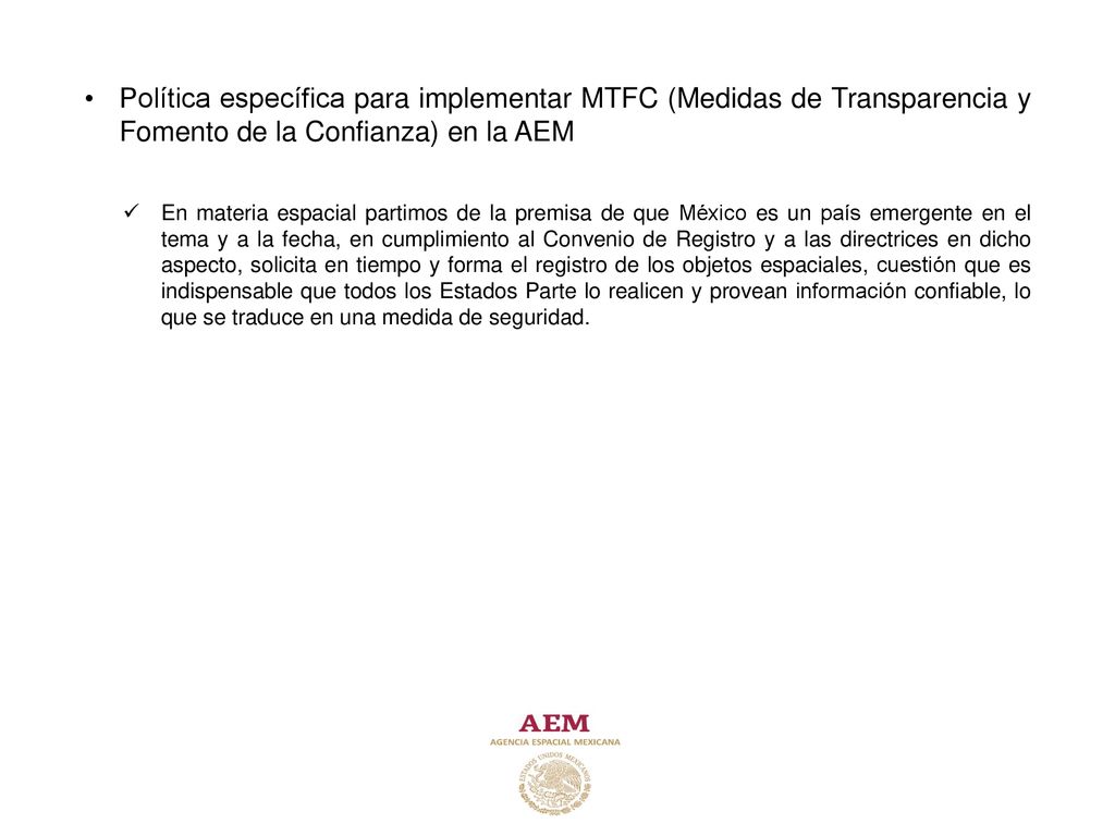 Política específica para implementar MTFC (Medidas de Transparencia y Fomento de la Confianza) en la AEM