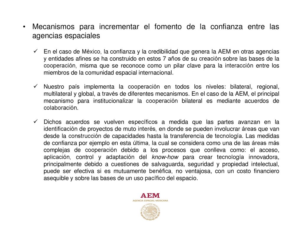 Mecanismos para incrementar el fomento de la confianza entre las agencias espaciales