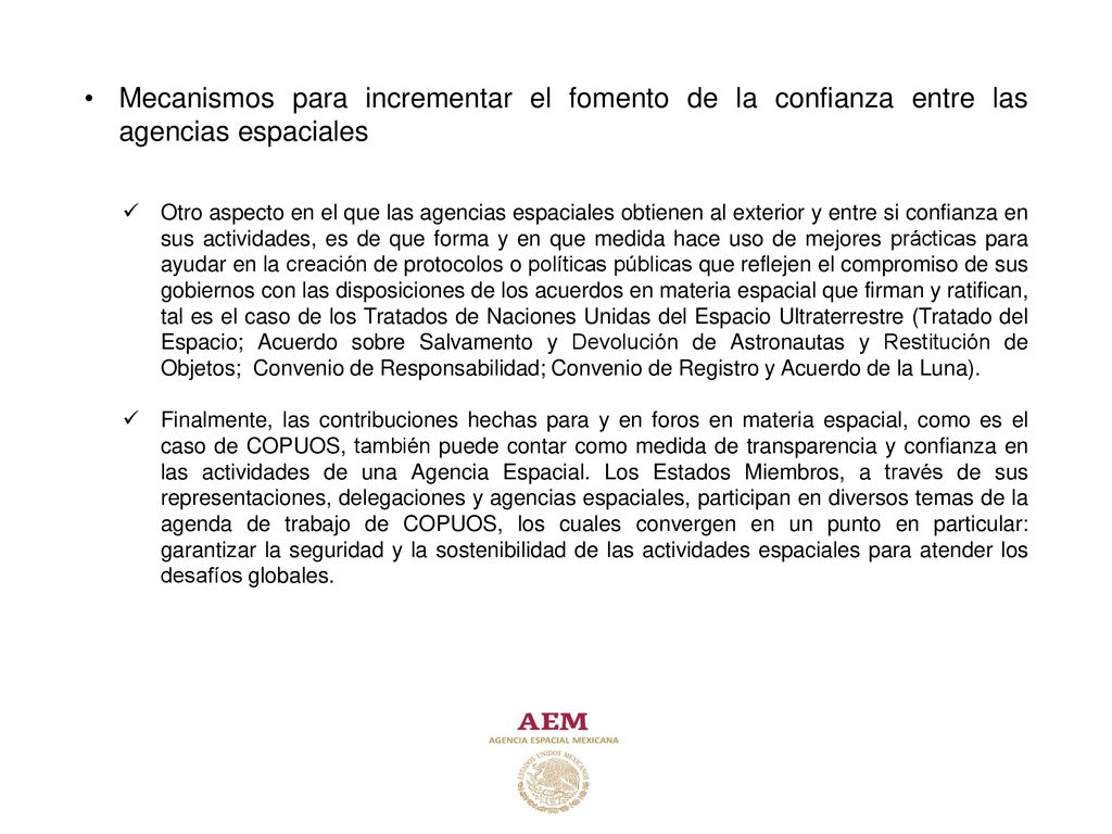 Mecanismos para incrementar el fomento de la confianza entre las agencias espaciales
