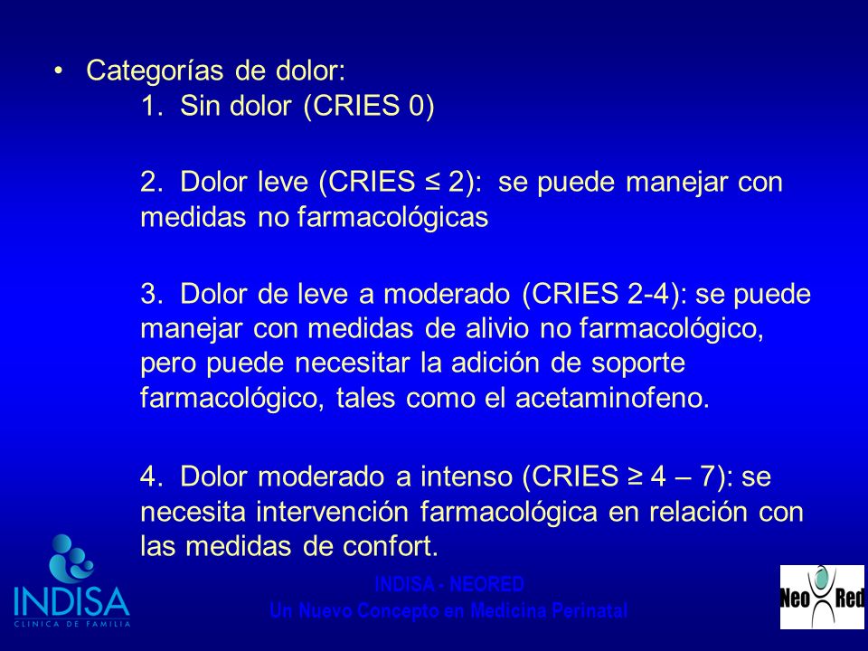 Categorías de dolor: 1. Sin dolor (CRIES 0)