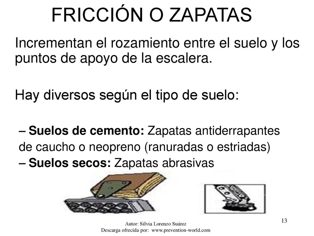 FRICCIÓN O ZAPATAS Incrementan el rozamiento entre el suelo y los puntos de apoyo de la escalera. Hay diversos según el tipo de suelo: