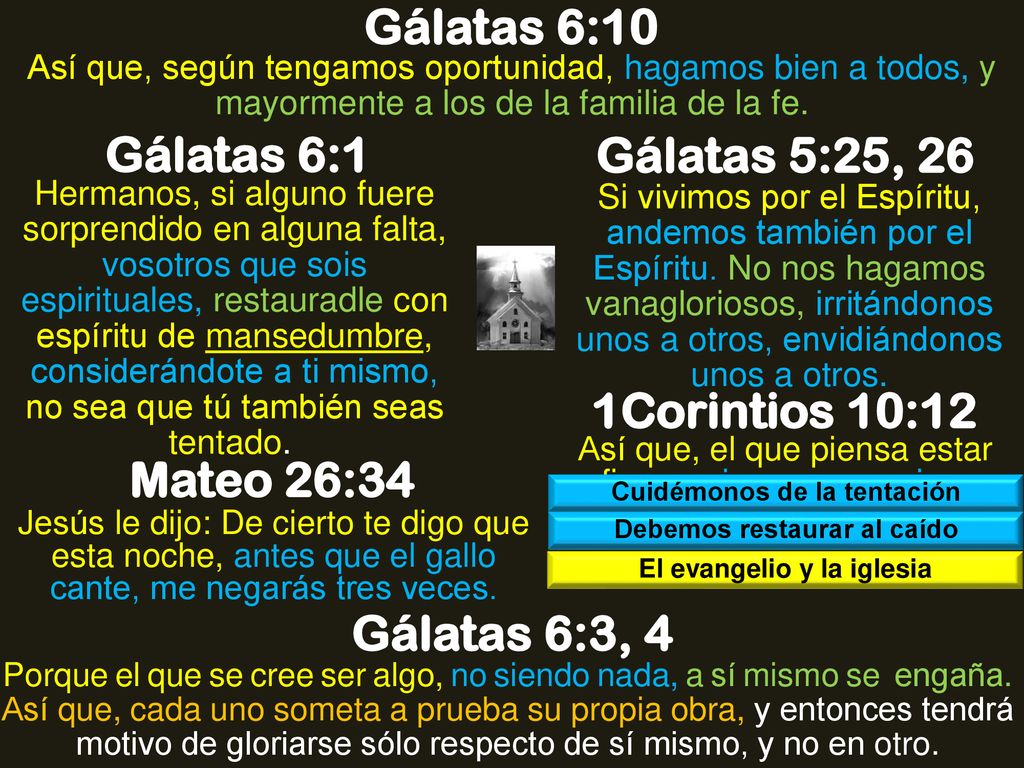 Gálatas 6:10 Gálatas 6:1 Gálatas 5:25, 26 1Corintios 10:12 Mateo 26:34