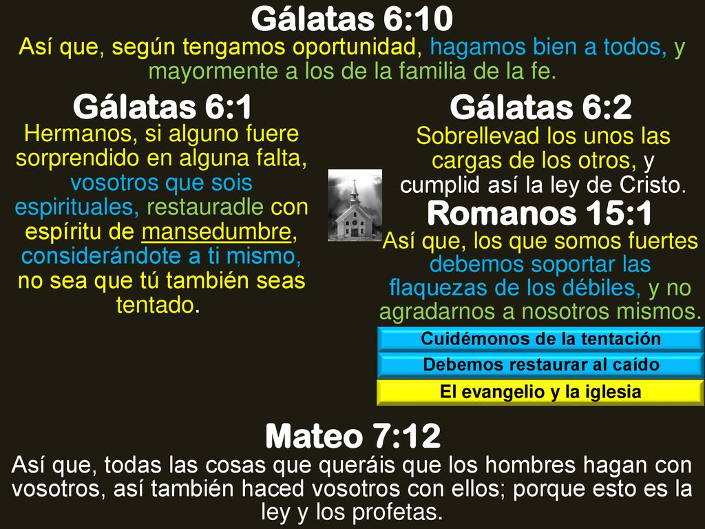 Gálatas 6:10 Gálatas 6:1 Gálatas 6:2 Romanos 15:1 Mateo 7:12