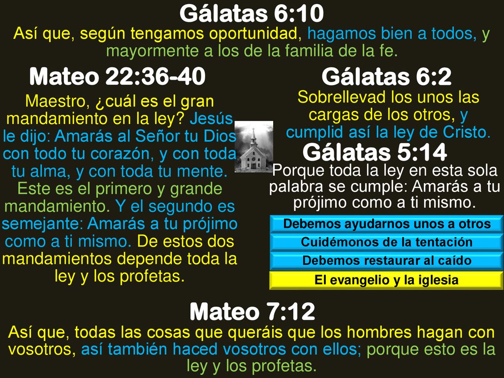 Gálatas 6:10 Mateo 22:36-40 Gálatas 6:2 Gálatas 5:14 Mateo 7:12