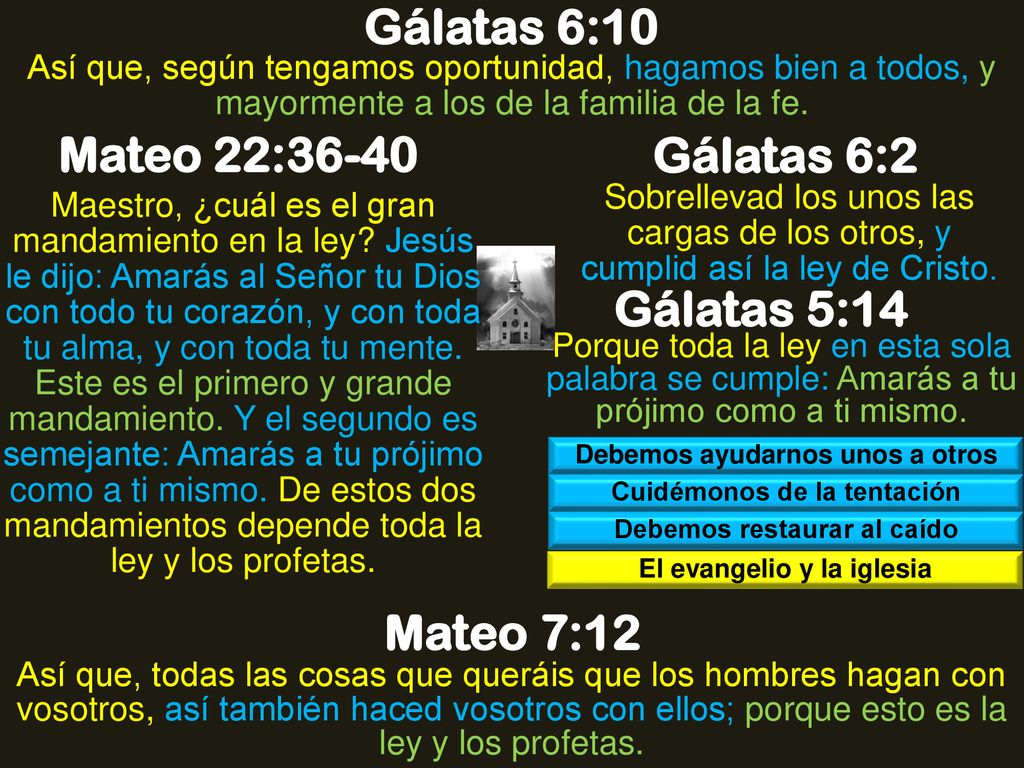 Gálatas 6:10 Mateo 22:36-40 Gálatas 6:2 Gálatas 5:14 Mateo 7:12