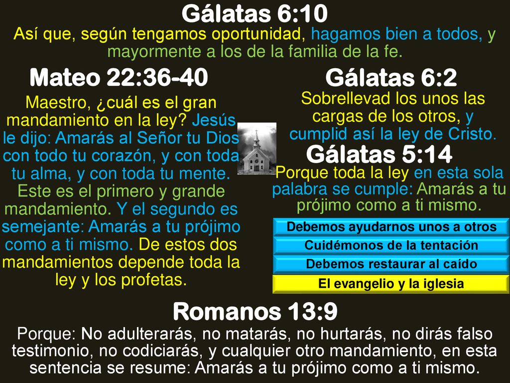 Gálatas 6:10 Mateo 22:36-40 Gálatas 6:2 Gálatas 5:14 Romanos 13:9