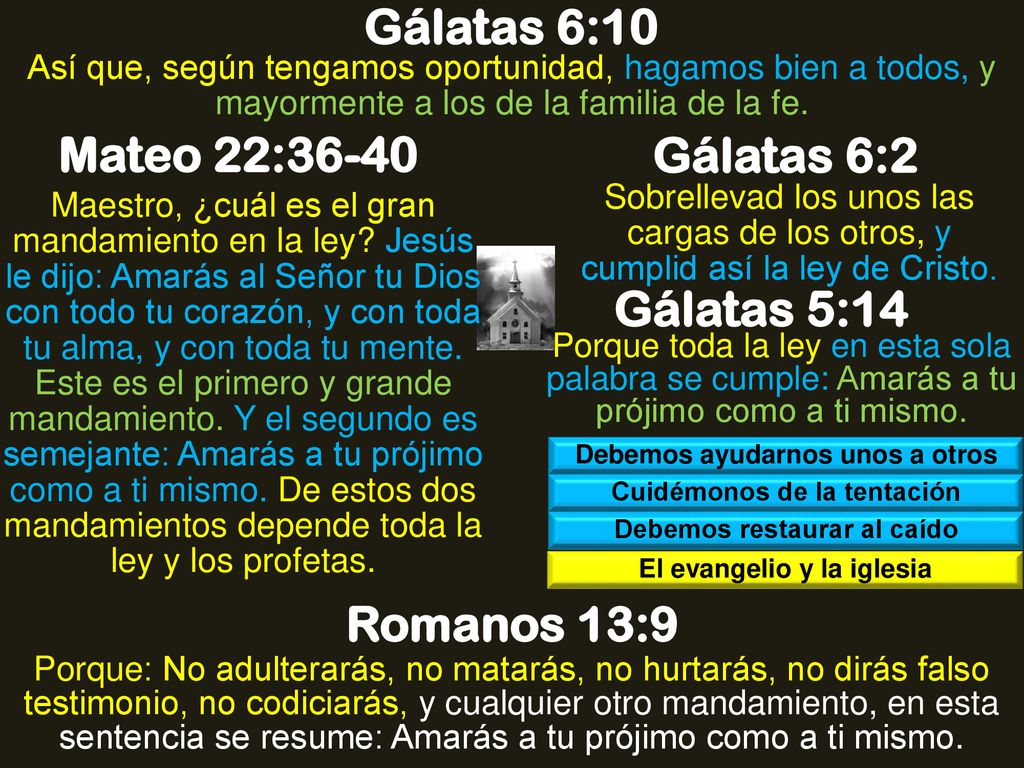Gálatas 6:10 Mateo 22:36-40 Gálatas 6:2 Gálatas 5:14 Romanos 13:9