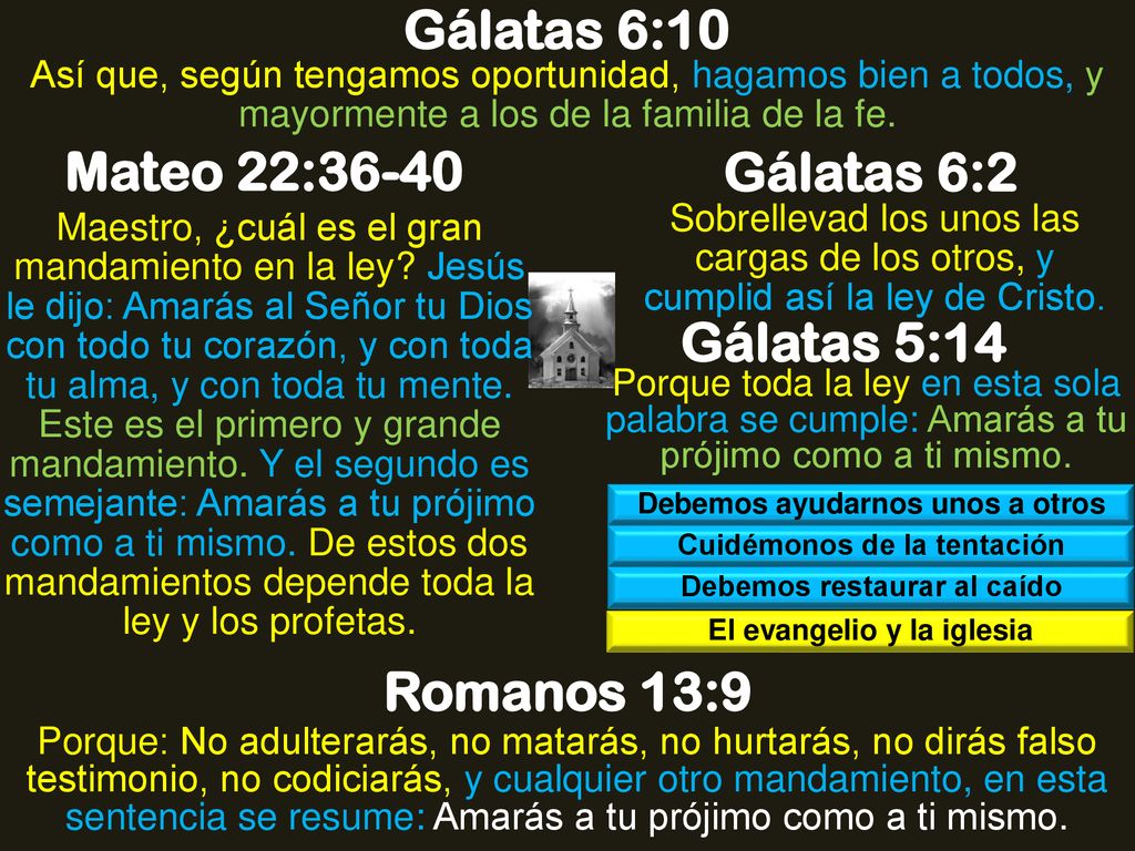 Gálatas 6:10 Mateo 22:36-40 Gálatas 6:2 Gálatas 5:14 Romanos 13:9