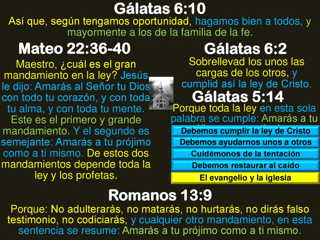 Gálatas 6:10 Mateo 22:36-40 Gálatas 6:2 Gálatas 5:14 Romanos 13:9