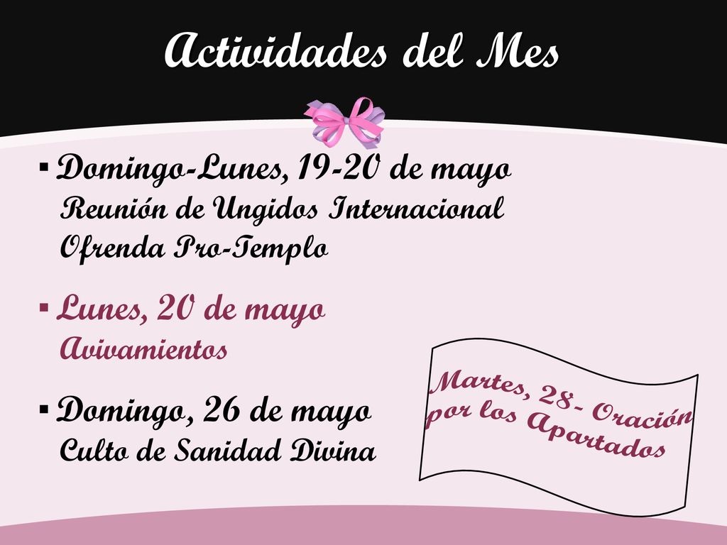 Actividades del Mes Domingo-Lunes, de mayo Lunes, 20 de mayo