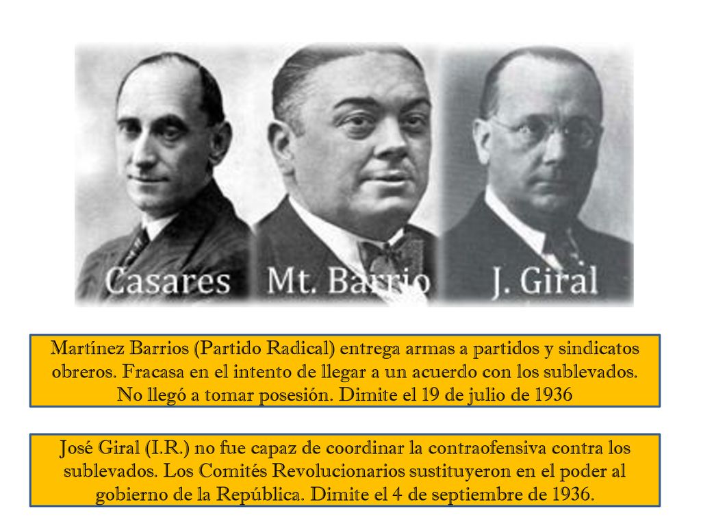 Martínez Barrios (Partido Radical) entrega armas a partidos y sindicatos obreros. Fracasa en el intento de llegar a un acuerdo con los sublevados. No llegó a tomar posesión. Dimite el 19 de julio de 1936