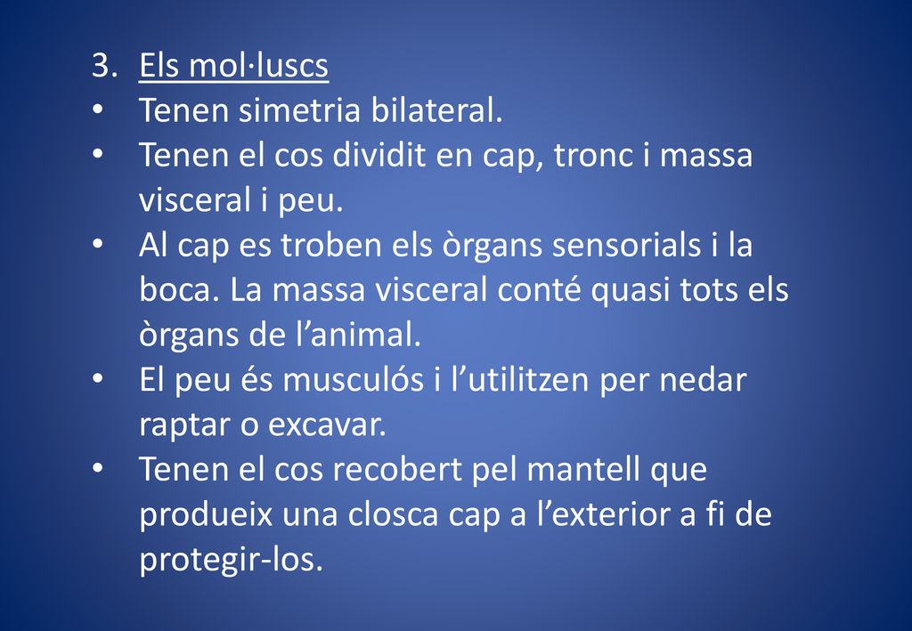 Els mol·luscs Tenen simetria bilateral. Tenen el cos dividit en cap, tronc i massa visceral i peu.