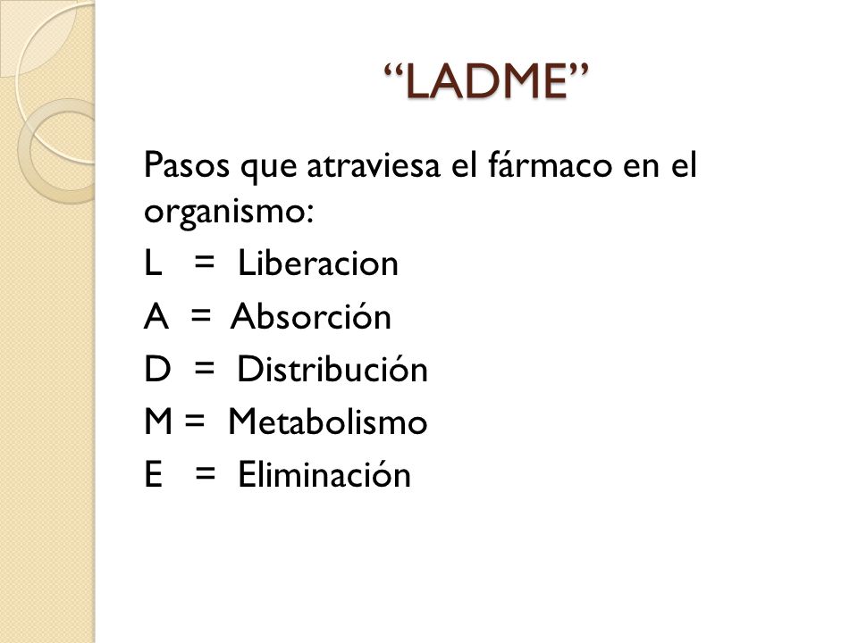 LADME Pasos que atraviesa el fármaco en el organismo: L = Liberacion A = Absorción D = Distribución M = Metabolismo E = Eliminación