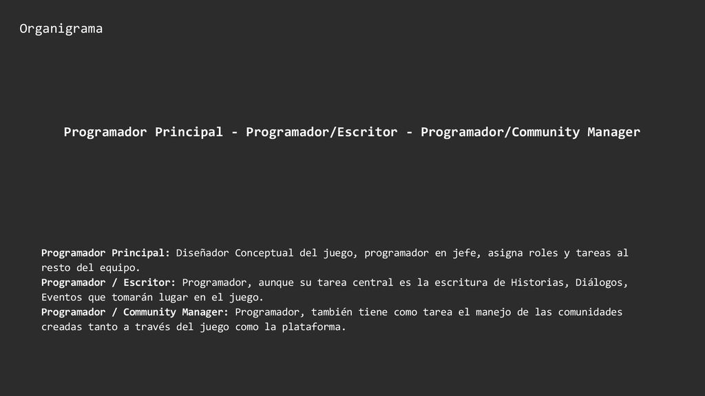 Organigrama Programador Principal - Programador/Escritor - Programador/Community Manager.