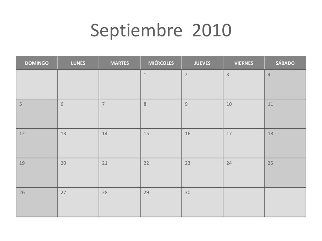 Septiembre 2010 DOMINGO LUNES MARTES MIÉRCOLES JUEVES VIERNES SÁBADO 1