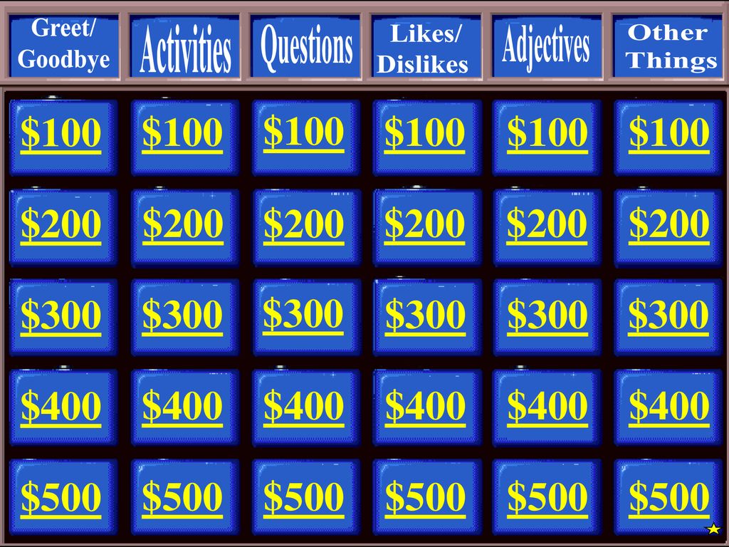 Greet/ Goodbye. Activities. Questions. Likes/ Dislikes. Adjectives. Other. Things. $100. $100.