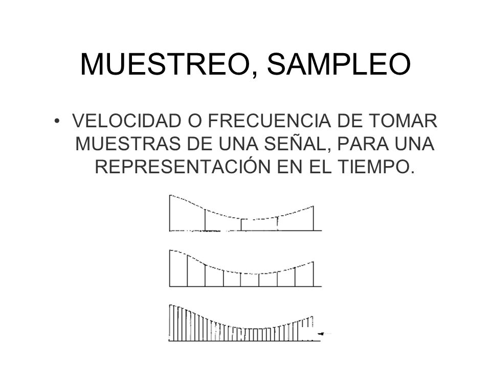 MUESTREO, SAMPLEO VELOCIDAD O FRECUENCIA DE TOMAR MUESTRAS DE UNA SEÑAL, PARA UNA REPRESENTACIÓN EN EL TIEMPO.
