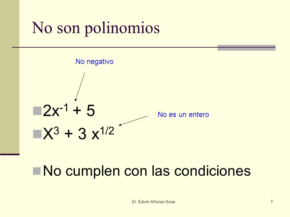No son polinomios 2x X3 + 3 x1/2 No cumplen con las condiciones