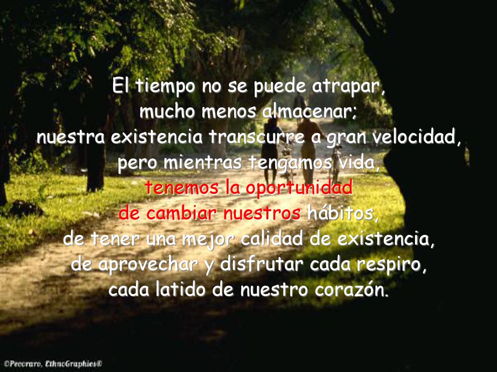 El tiempo no se puede atrapar, mucho menos almacenar; nuestra existencia transcurre a gran velocidad, pero mientras tengamos vida, tenemos la oportunidad de cambiar nuestros hábitos, de tener una mejor calidad de existencia, de aprovechar y disfrutar cada respiro, cada latido de nuestro corazón.