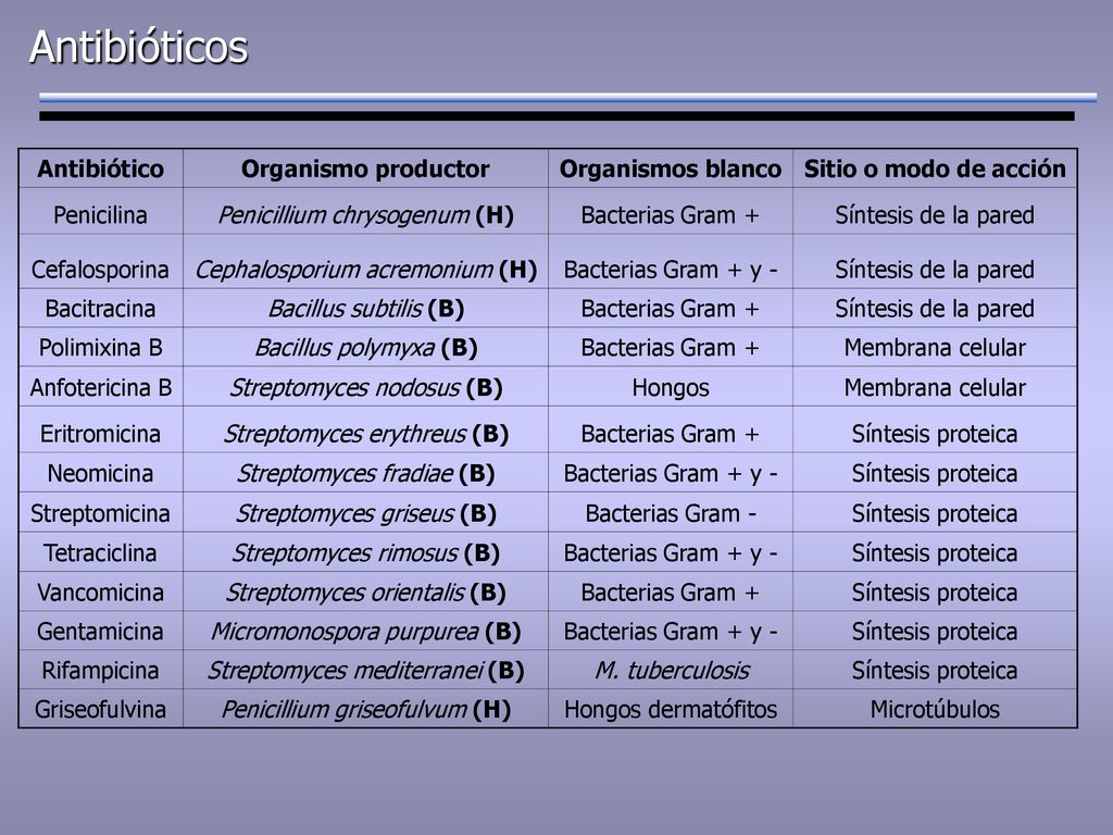 Antibióticos Antibiótico Organismo productor Organismos blanco