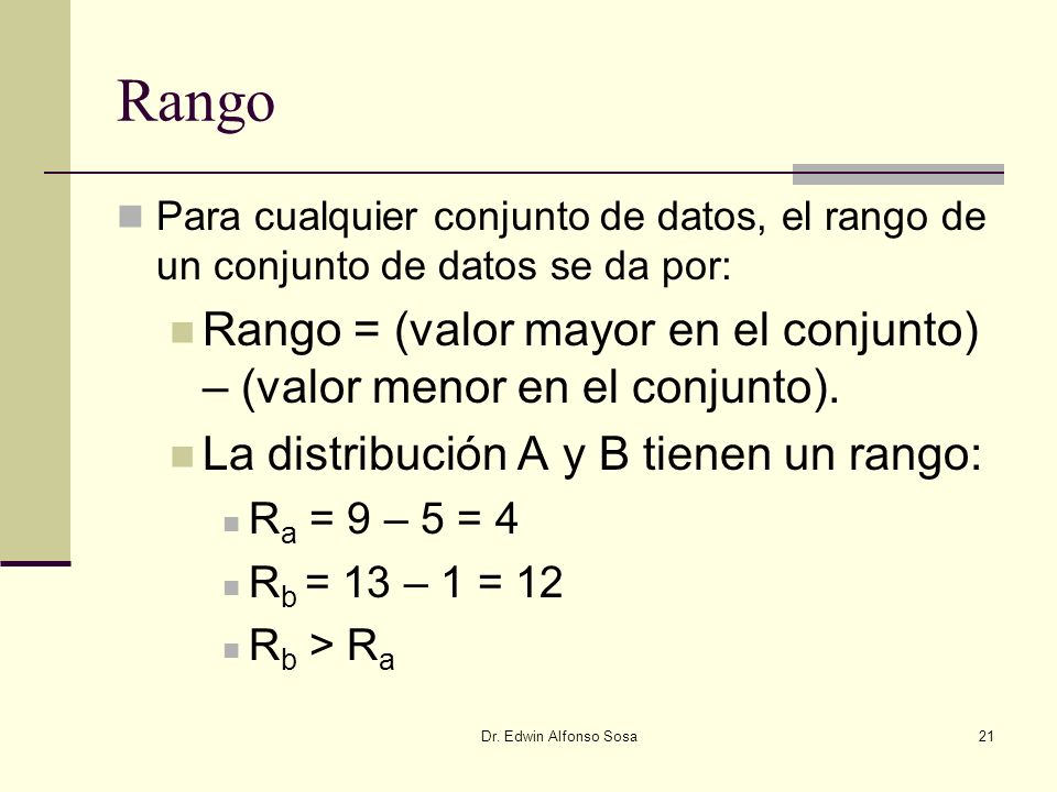 Rango Para cualquier conjunto de datos, el rango de un conjunto de datos se da por: