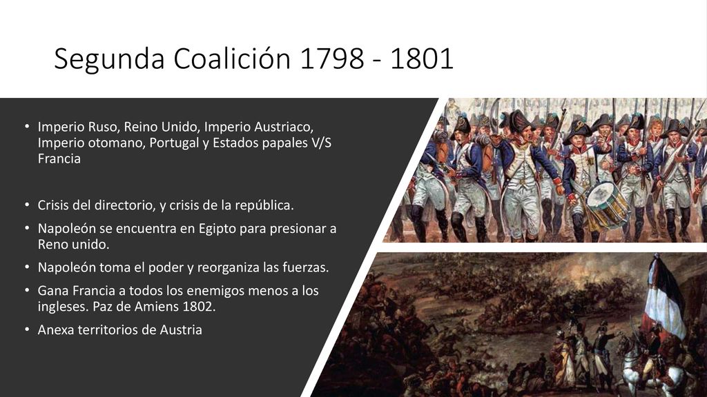 Segunda Coalición Imperio Ruso, Reino Unido, Imperio Austriaco, Imperio otomano, Portugal y Estados papales V/S Francia.