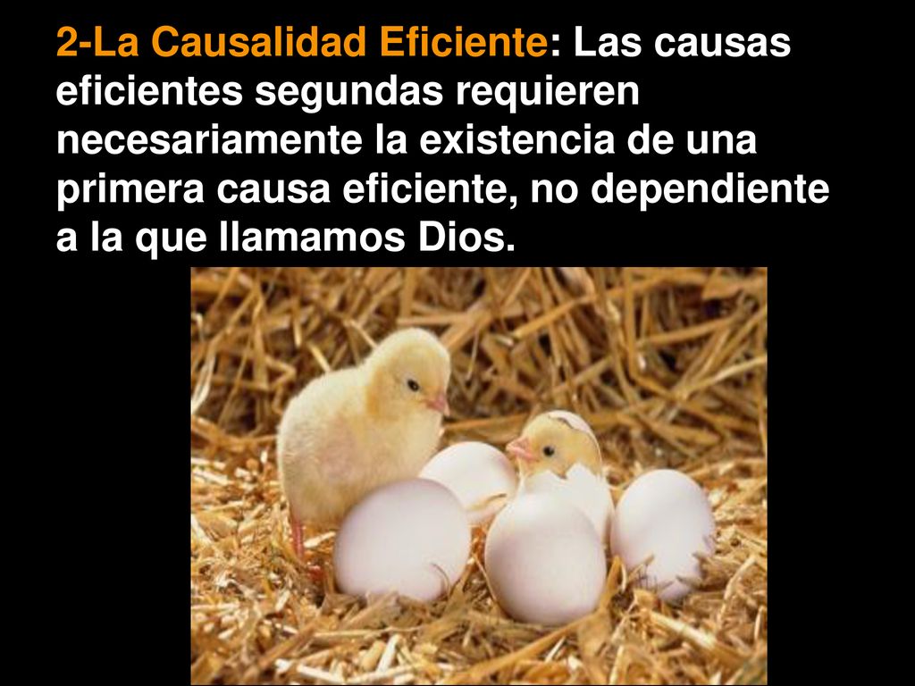 2-La Causalidad Eficiente: Las causas eficientes segundas requieren necesariamente la existencia de una primera causa eficiente, no dependiente a la que llamamos Dios.