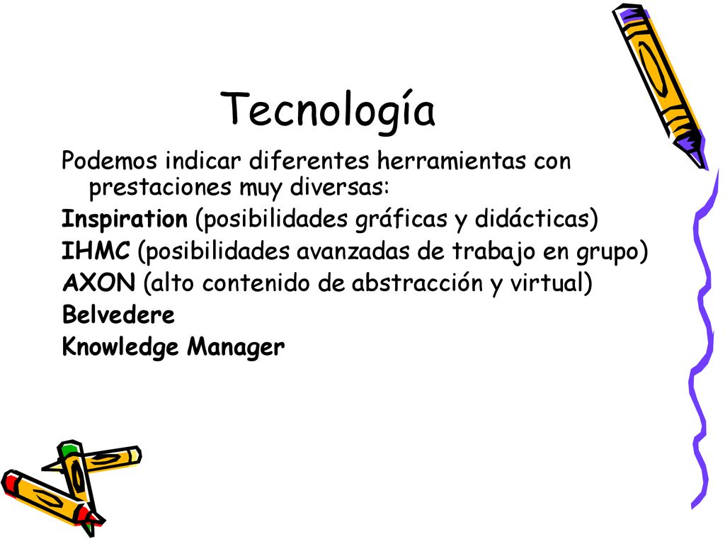 Tecnología Podemos indicar diferentes herramientas con prestaciones muy diversas: Inspiration (posibilidades gráficas y didácticas)