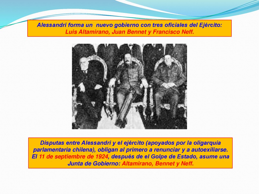 Alessandri forma un nuevo gobierno con tres oficiales del Ejército: Luis Altamirano, Juan Bennet y Francisco Neff.
