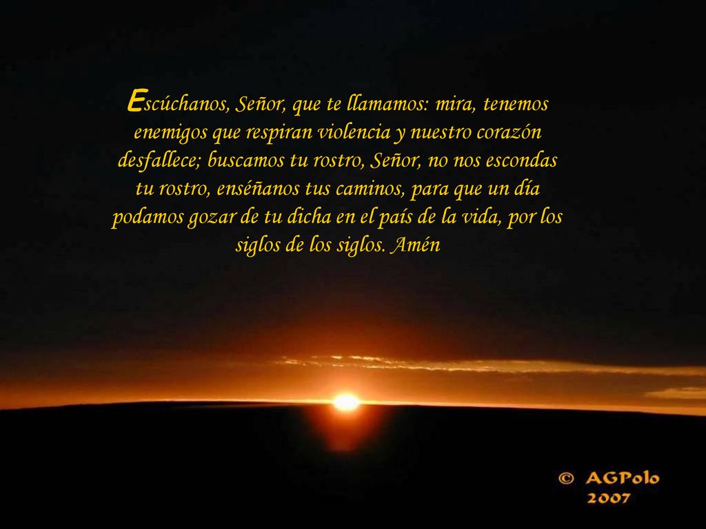 Escúchanos, Señor, que te llamamos: mira, tenemos enemigos que respiran violencia y nuestro corazón desfallece; buscamos tu rostro, Señor, no nos escondas tu rostro, enséñanos tus caminos, para que un día podamos gozar de tu dicha en el país de la vida, por los siglos de los siglos.