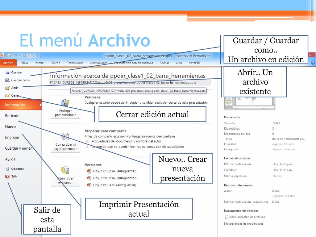 El menú Archivo Guardar / Guardar como.. Un archivo en edición