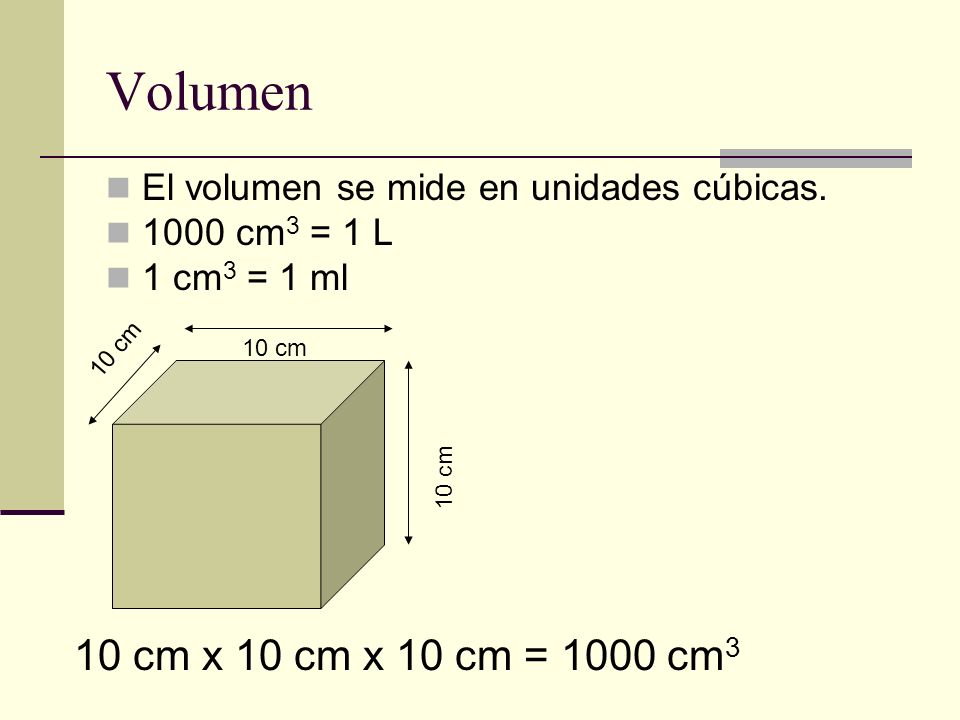 Volumen El volumen se mide en unidades cúbicas cm3 = 1 L.