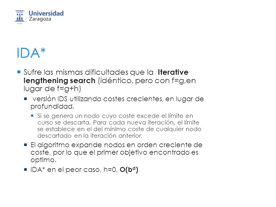 IDA* Sufre las mismas dificultades que la Iterative lengthening search (idéntico, pero con f=g,en lugar de f=g+h)