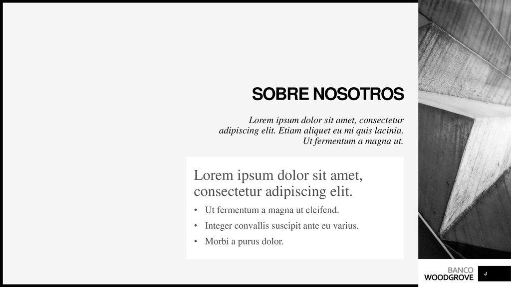 Sobre nosotros Lorem ipsum dolor sit amet, consectetur adipiscing elit. Etiam aliquet eu mi quis lacinia. Ut fermentum a magna ut.