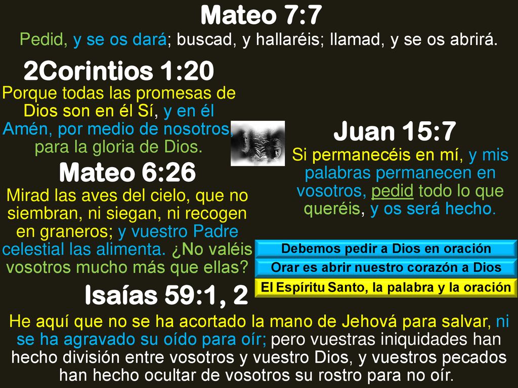 Mateo 7:7 2Corintios 1:20 Juan 15:7 Mateo 6:26 Isaías 59:1, 2