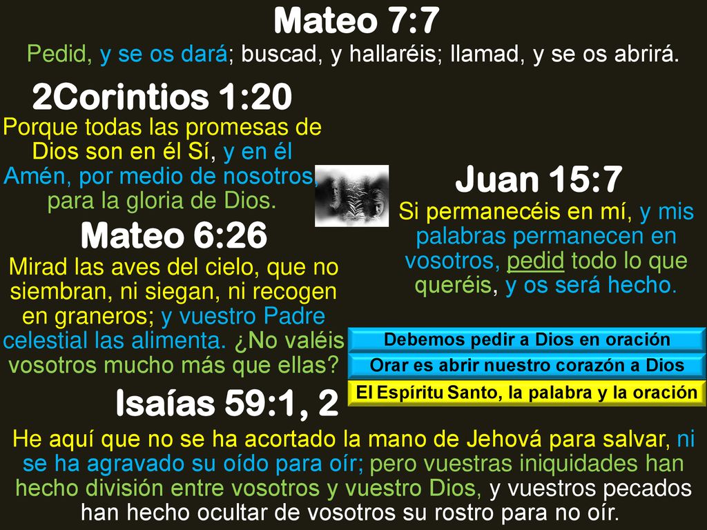 Mateo 7:7 2Corintios 1:20 Juan 15:7 Mateo 6:26 Isaías 59:1, 2
