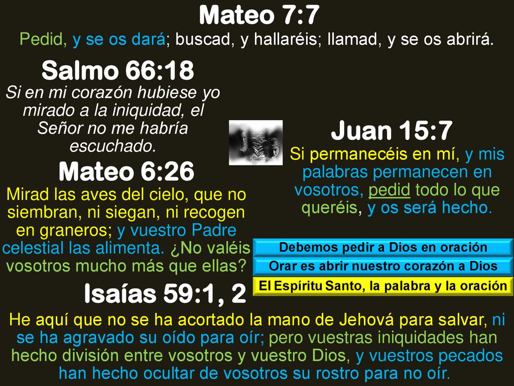 Mateo 7:7 Salmo 66:18 Juan 15:7 Mateo 6:26 Isaías 59:1, 2