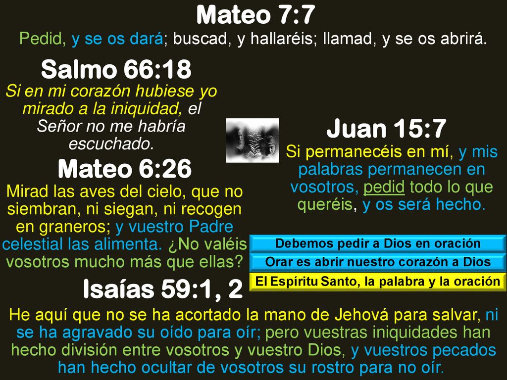 Mateo 7:7 Salmo 66:18 Juan 15:7 Mateo 6:26 Isaías 59:1, 2