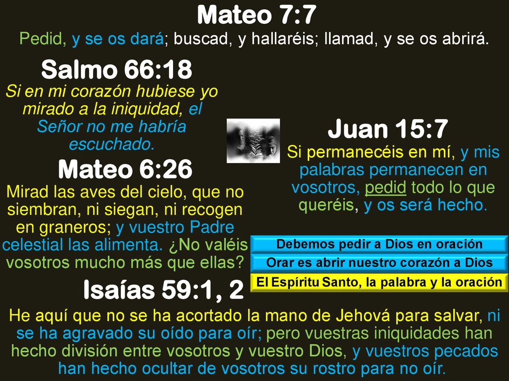 Mateo 7:7 Salmo 66:18 Juan 15:7 Mateo 6:26 Isaías 59:1, 2