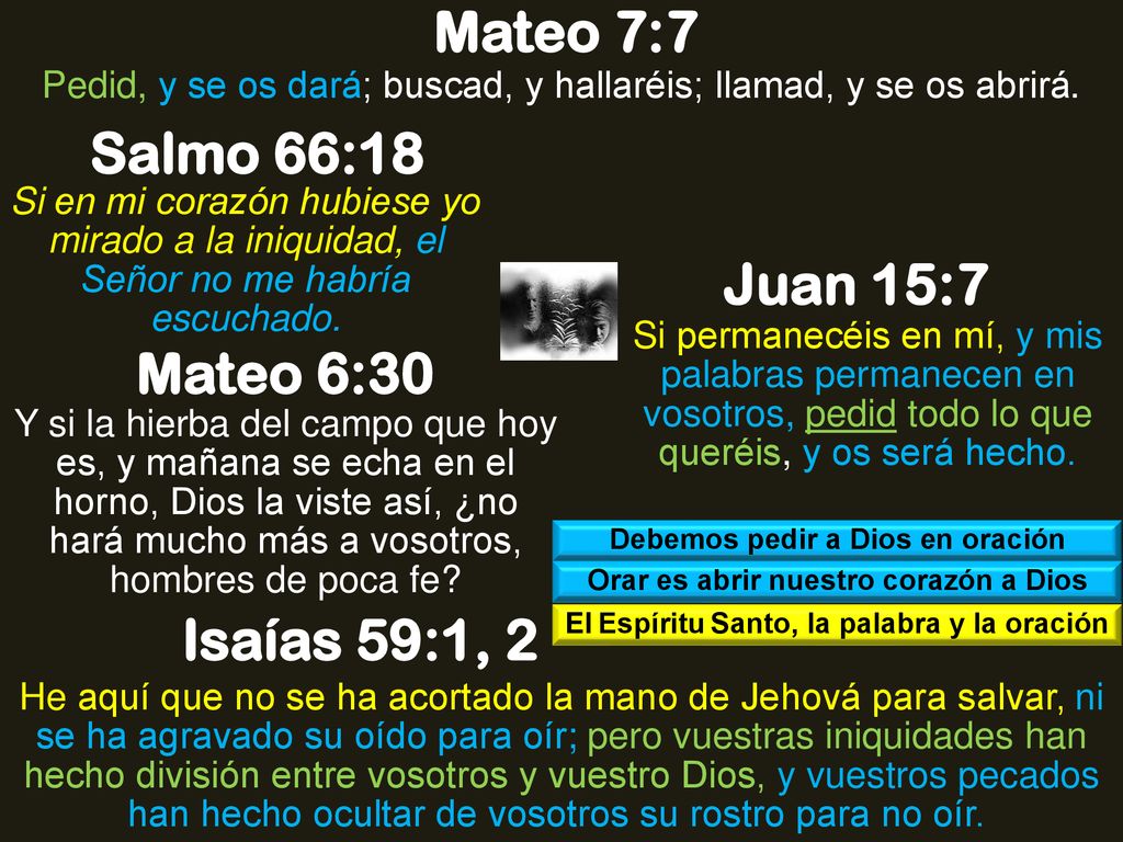 Mateo 7:7 Salmo 66:18 Juan 15:7 Mateo 6:30 Isaías 59:1, 2