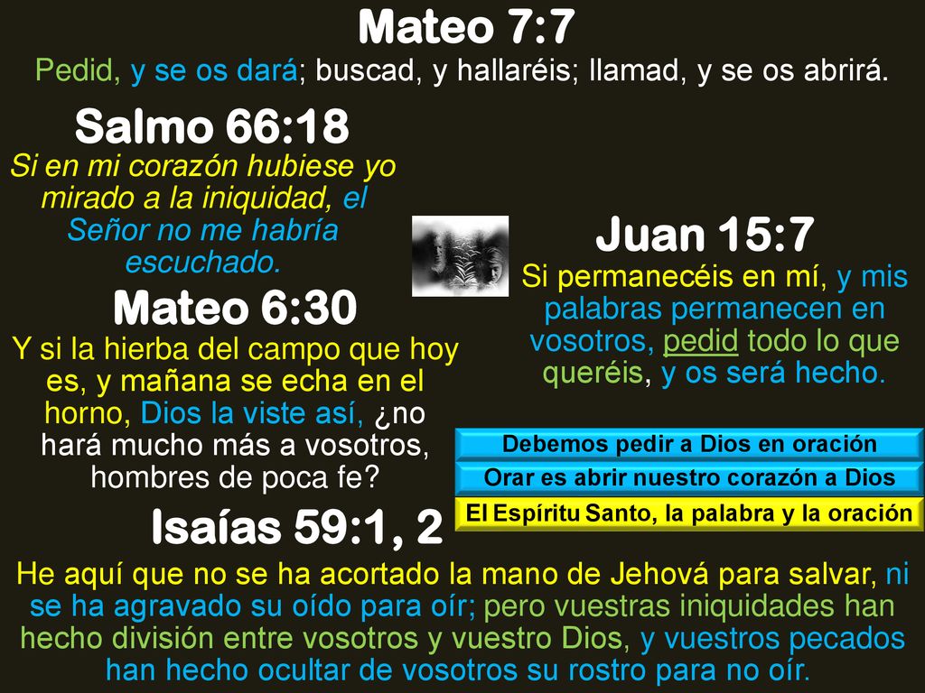 Mateo 7:7 Salmo 66:18 Juan 15:7 Mateo 6:30 Isaías 59:1, 2