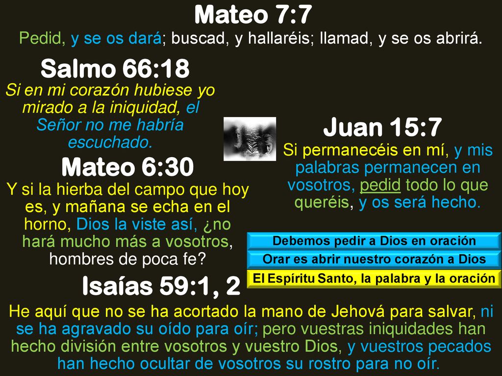 Mateo 7:7 Salmo 66:18 Juan 15:7 Mateo 6:30 Isaías 59:1, 2
